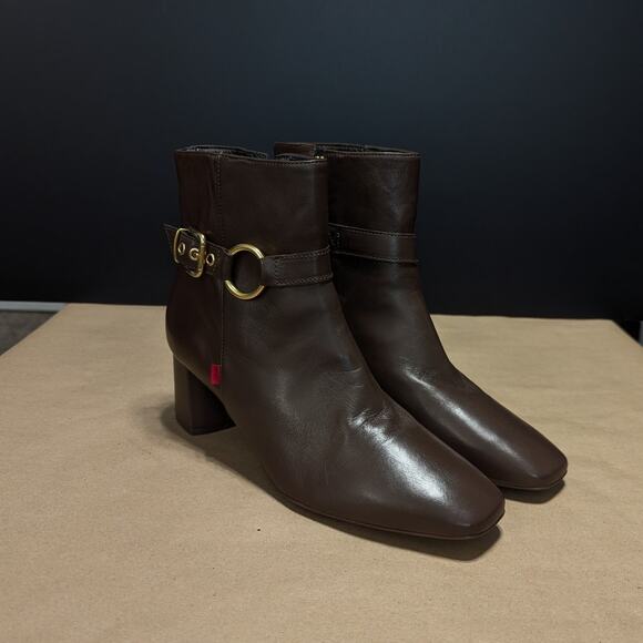 Marc Joseph Madison Bootie Brown Leather Heeled Boots Ankle Womens 9 Buckle Zip - Picture 1 of 9